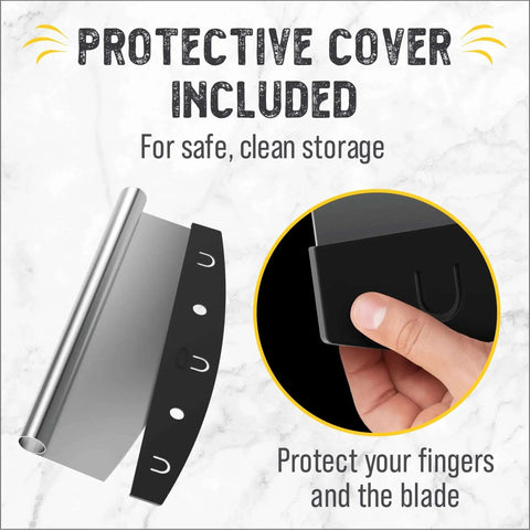 14 Inch Pizza Cutter Rocker Blade Heavy Duty Stainless Steel With Safe Plastic Sheath showing protective cover included
