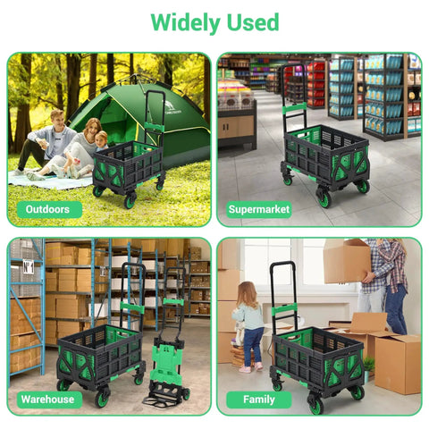 Collage showing 2 In 1 Folding Hand Truck With Foldable Basket For Luggage And Groceries, used outdoors, in supermarket, warehouse, family settings