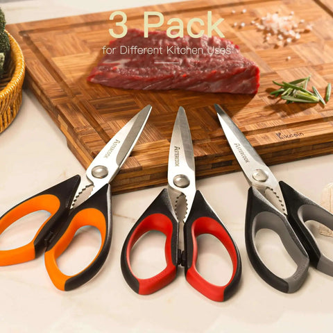 Heavy Duty Kitchen Scissors Three Pack Set Stainless Steel Kitchen Shears for Cutting Food Poultry Meat Vegetables, color-coded