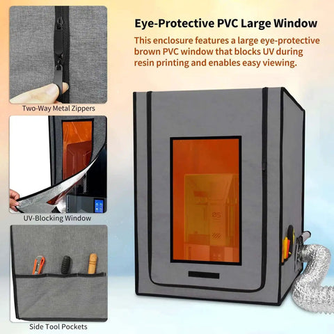 Pro Grade Ventilated Resin 3D Printer Enclosure For Odor Control Dustproof Shield With Eye-Protective PVC Window and Tool Pockets