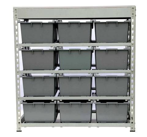 Front view of a boltless steel storage rack with 12 plastic bins in four tiers, 33 inch wide by 15 inch deep by 36 inch high, particle board top.