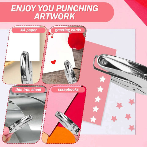 Star And Heart Hole Punch Set 1/4 Inch Handheld Paper Punch with soft grip pink handles showing use on A4 paper and greeting cards.