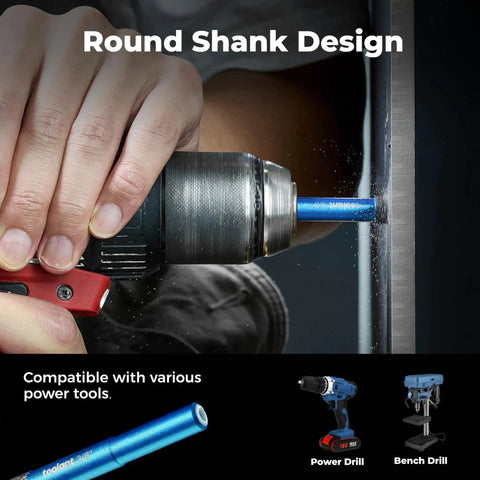 Person using a power drill with Diamond Drill Bits Set For Ceramic Tile Glass Porcelain Marble And Granite With Cooling Wax Lubrication, 10 Pc Includes 3/16, 1/4, 5/16, 3/8 Inch Bits With 1/4 Inch Round Shank Tile Glass Drill Kit By Toolant.