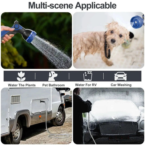 50 Foot Stainless Steel Garden Hose Heavy Duty With Nozzles in use, watering plants, washing a dog, RV and car washing.