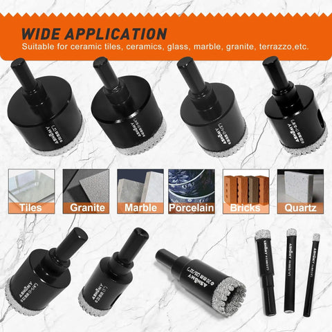 10 Piece Serrated Diamond Hole Saw Set One Quarter Inch To Two Inch Core Drill Bits For Porcelain Tile Glass Ceramic Stone Granite Marble With EVA Guide Jig And Tough Hardened Steel Body, shown with materials like tile, granite, and marble
