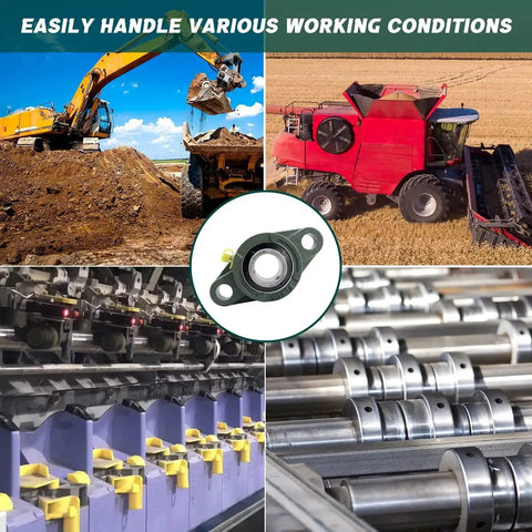 Collage showing Heavy Duty Pillow Block Bearing Set Pack Of 4 With 1 Inch Bore Chrome Steel Self Aligning Flange Mounted Block Bearings For Industrial Machinery And Shaft Support.