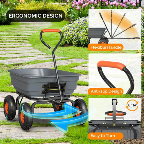 Heavy Duty Dump Cart Wagon With Quick Release Dump, All Terrain 10 Inch Tires, ergonomic handle design, garden path use