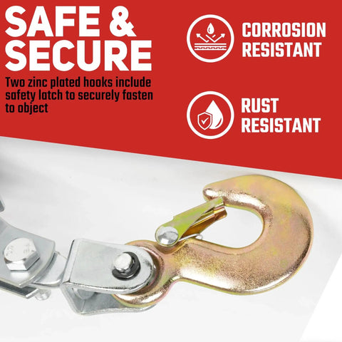 Close-up of 1 Ton Come Along Winch With Dual Gears And 5.9 Ft Cable, 2 Hooks highlighting zinc-plated hook with safety latch on a white background.