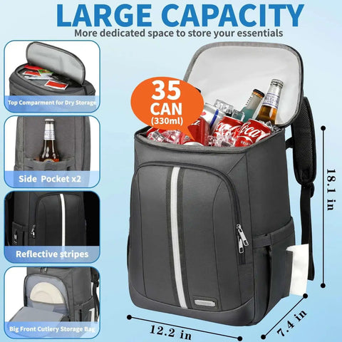 Insulated Cooler Backpack With Leakproof Double Deck Design For Work Lunches Keeps Your Grub Hot Or Cold For Up To 20 Hours Reflective Stripes Grey Great For On The Go Meals And Cold Packs shown open with cans inside
