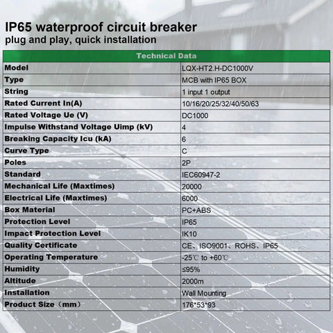 Solar Disconnect Switch 20A 1000V DC 2P Circuit Breaker Box With PV Connector IP65 Outdoor data sheet with specifications