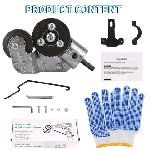 DIY Sheet Metal Nibbler Attachment For Drill 2025 Upgraded Metal Cutter with gloves, adapter, and instructions, tools displayed.
