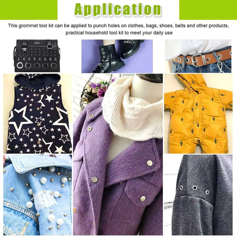Applications of All In One Eyelet Grommet Kit With 240 Pcs on clothing, shoes, bags, showing detailed views of installed grommets.