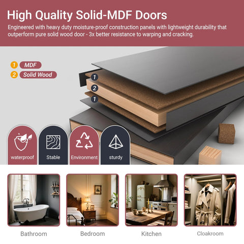 High quality solid-MDF doors with moisture-proof construction and examples of use in bathroom, bedroom, kitchen, and cloakroom.