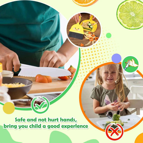 Kids Safe Kitchen Knife Set For Toddlers And Kids, 14 Piece Montessori Style Play Knife Set with child cutting vegetables