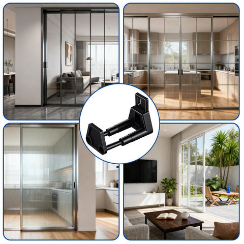 Two Pack Adjustable Barn Door Floor Guide Set With Wall Mount Guides And Screws for sliding doors in RVs, barns, closets shown installed