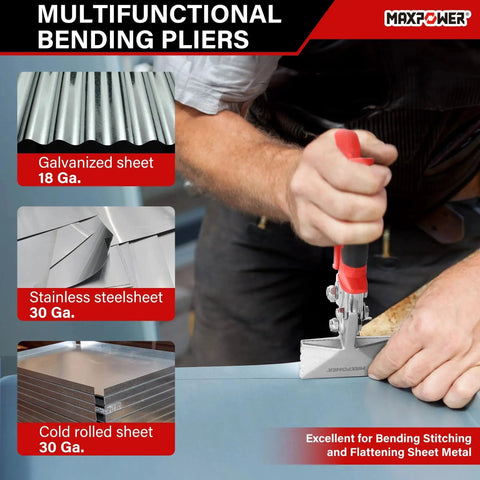 Sheet Metal Hand Seamer Pro Grade With 3 Inch And 6 Inch Jaws Ergonomic Handle in use on metal sheet, anti-skid jaw visible.