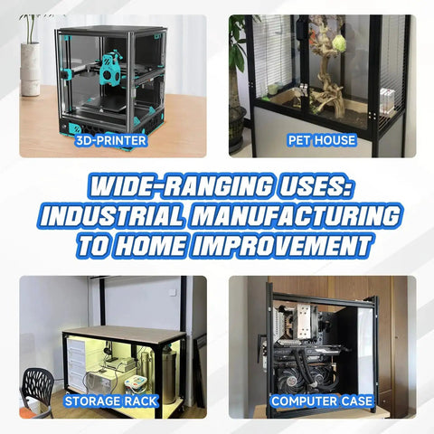Examples of 40x40 T Slot Aluminum Profile 1000mm Black Four Pack for Framing and Workstations used in various setups like 3D printers and storage racks.