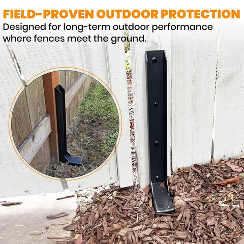 Heavy Duty Fence Post Repair Kit For Leaning Or Broken Wood Posts Anchor Bracket Fits 4 By 4 And 6 By 6 Posts 11 Gauge Steel shown installed