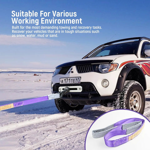 Two-pack Vigtayue lifting slings, 1in x 3.3ft, purple 2-ply polyester with eye-to-eye ends, shown attached to a vehicle.