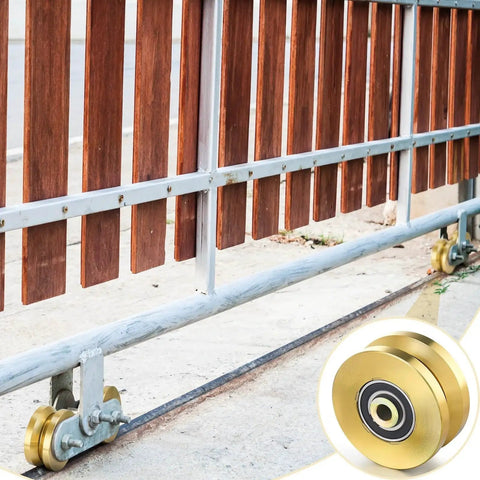 Solid 4 Inch V Groove Gate Wheel Set Heavy Duty Sliding Gate Rollers One And Three Quarters Inches Width Caster Wheels With 2500 Lbs Capacity Screw Mount Double Bearing Pair Two Sets installed on gate
