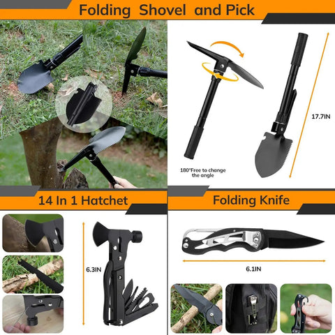 250 In 1 Survival Kit With 250 Pieces Of Tactical Gear And Trauma Bag First Aid Supplies Molle Crossbody Bag Emergency Tent Lantern For Earthquake Bug Out Outdoor Adventures And Gifts For Men featuring folding shovel, hatchet, knife.