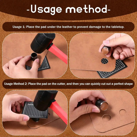 Demonstration of Leather Circle Cutter Tool Set 31 Piece Pro Grade Punch Kit With High Carbon Steel Round Dies in use on leather