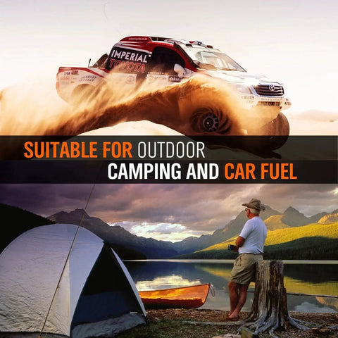Off-road vehicle jumping with camping scene and man by the lake displaying suitability for outdoor camping and car fuel use.