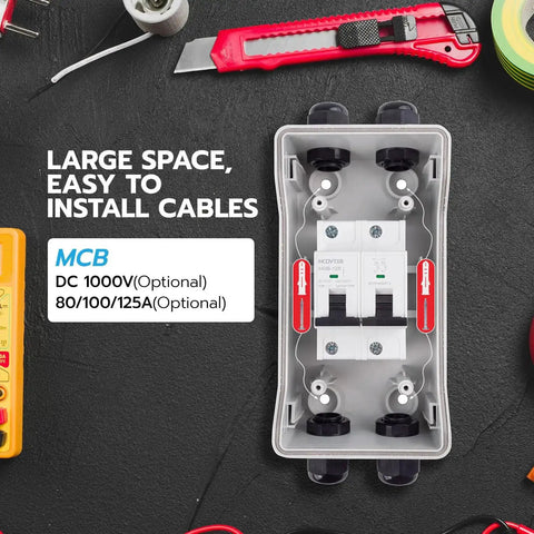 Top view of MCB 125A 1000V DC disconnect switch in open casing, showcasing internal layout, suitable for solar PV systems.