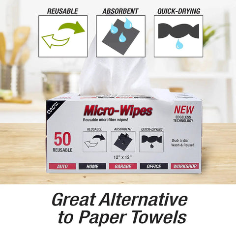 Box of Edgeless 200 GSM Microfiber Cloths 12x12 Inches Reusable 50 Pack With Dispenser