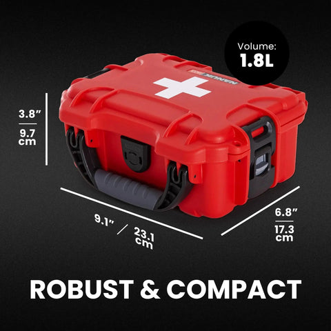 Robust red heavy duty waterproof first aid box for survivalists by Nanuk NK 7 resin case, IP 67 rated, dustproof, crushproof, floatable.