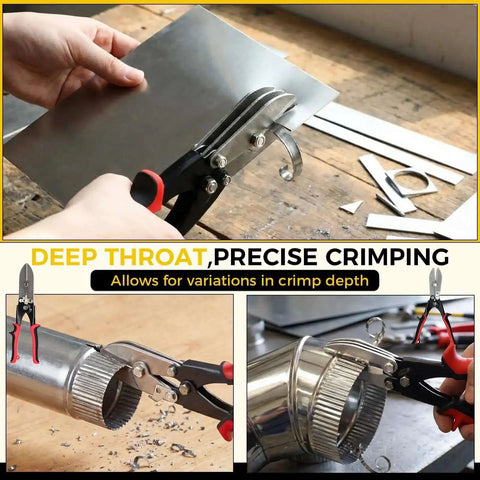 4 Pack 5 Blade Sheet Metal Crimping Tool Set in use on duct and metal sheet, showing crimping capability for 22-28 gauge materials.