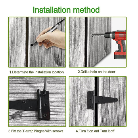 Installation steps for Eight 4-Inch T-Strap Door Hinges With Mounting Screws, showing drilling and hinge fixing on barn doors.
