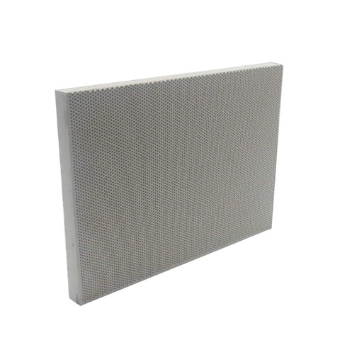 Meter Star heat-resistant ceramic plate with honeycomb perforations, square 7.8x5.59x0.551 in, light gray.