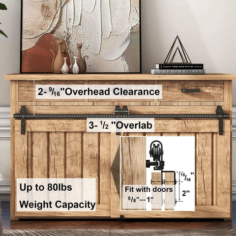 4Ft Bypass Mini Barn Door Hardware Kit DIY Ready For Double Sliding Doors Roller Set In Black Coated Steel Hardware Only