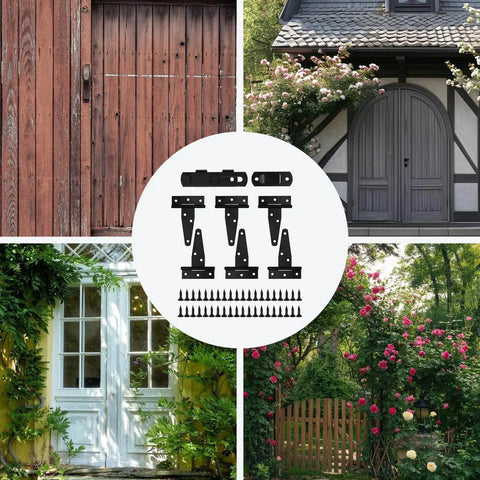 Sliding Barn Door Lock And Latch Set With Six 3 Inch Hinges For Gates And Doors, suitable for wooden gates, gardens, and buildings
