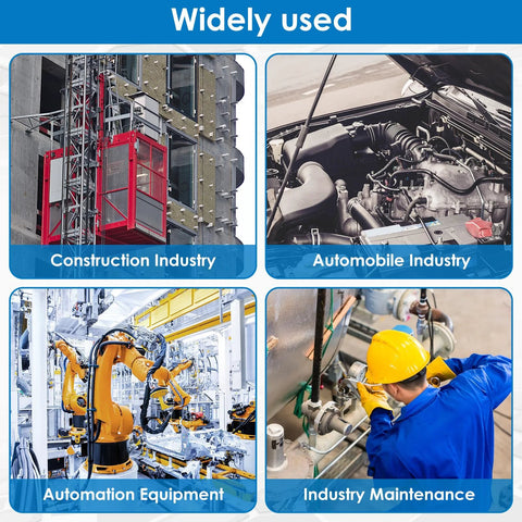 Collage showing construction lift, car engine, automation robot, and maintenance worker in various industries