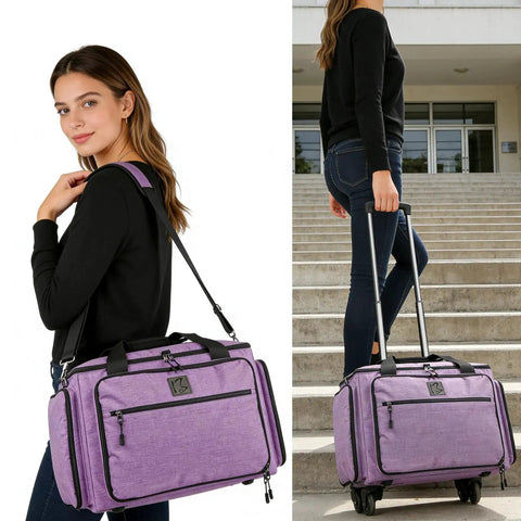Woman carrying lilac rolling teacher bag with five 360 degree swivel wheels and detachable trolley, fits 15.6 inch laptop, YKK zippers.