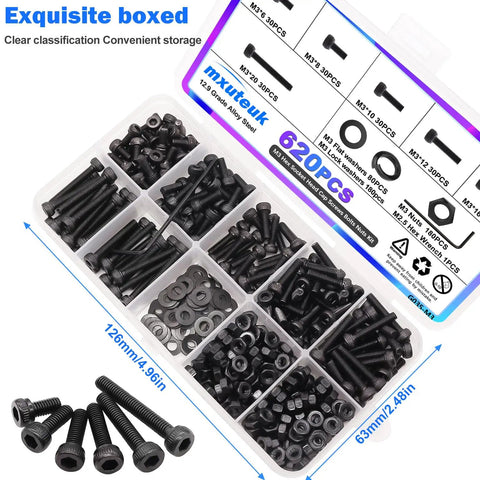 All In One M3 Screws Assortment Kit For 3D Printers Featuring 620Pcs Hex Socket Head Cap Bolts, nuts, washers in tray
