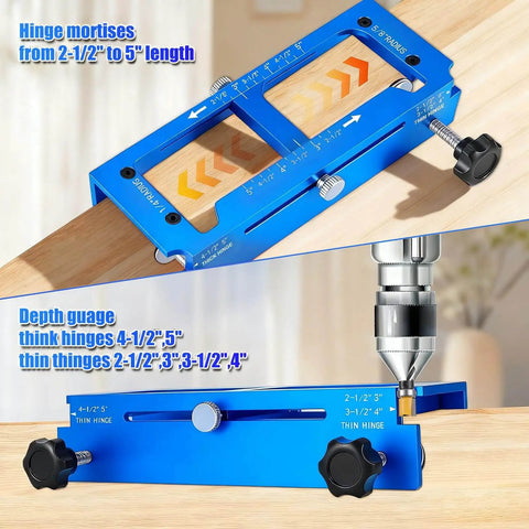 Aluminum Alloy Door Hinge Jig Adjustable Router Template Kit with File, shown in blue, for precise routing of 2.5" to 5" hinges.