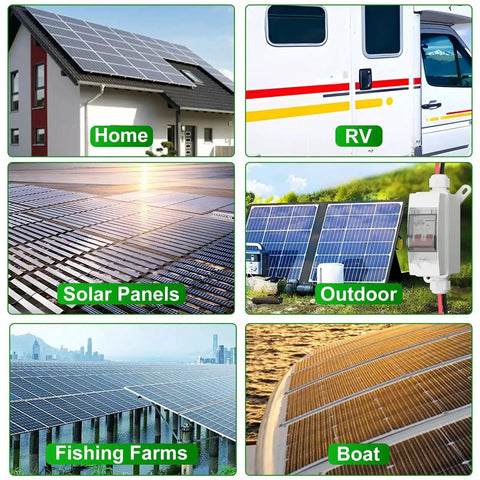 Collage showing 32 Amp 500V DC Solar Disconnect Switch With Plug and Play Connector In IP65 Waterproof Box for various installations.