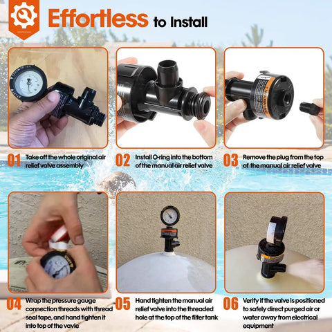 DearChan high flow air relief valve with pressure gauge for pool filter - 1 pack, installation steps infographic