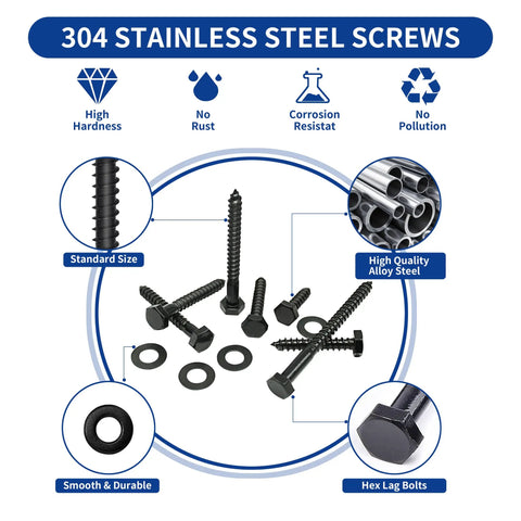 Pro Grade Stainless Steel Lag Screws Set With Black Oxide Finish Includes One Inch One And A Half Inch Two Inch Two And A Half Inch And Three Inch Lag Bolts In A 155 Piece Assortment With Washers Heavy Duty Wood Screws 304, shown with bolts and washers.