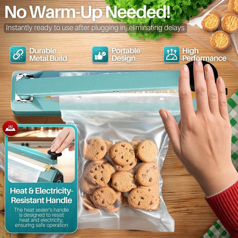 20 Inch Impulse Sealer With 750W Heating, sealing plastic bag with cookies, teal color, no warm up needed, portable design