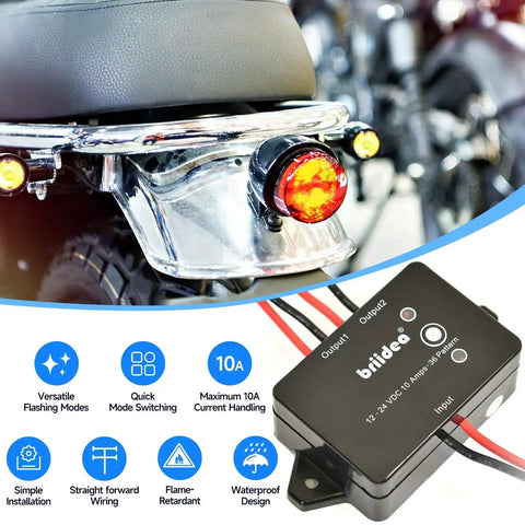 Versatile Flasher Module With 36 Modes, One Button Quick Change, 10 Amp 12-24V DC alongside motorcycle taillight installation.