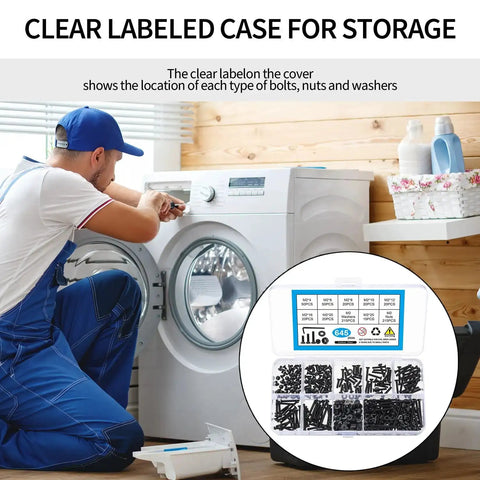 Handyman using 645 Piece M2 Metric Screw Set With Flat Head Countersunk Hex Socket Cap Screws for washer repair, kit displayed.