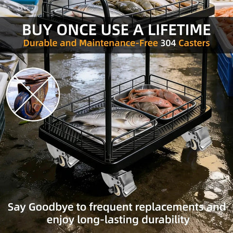 4 Inch Caster Wheels Set Of 4 Rust Proof 304 Stainless Steel Heavy Duty Casters For Furniture Labs Hospitals Restaurants Industrial Outdoor Anti Corrosion Industrial Castors With 360 Degree Swivel And 2100 Lbs Load Capacity shown installed on cart with fish.