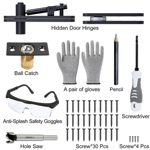 Heavy Duty Hidden Door Hinge By AURIXUS With 573 Lb Capacity shown with ball catch, gloves, pencil, goggles, and screws.