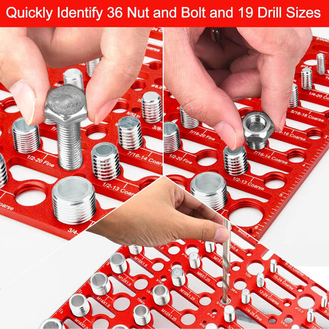 Nut And Bolt Thread Checker Gauge Kit With 55 Size Finder, 19 Drill Gauges, 16 Metric And 20 Standard Sizes, Wall Mountable Bolt Size And Thread Gauge For Quick ID And ANSI Go No Go Pro Grade, showing hands identifying sizes on a red gauge.