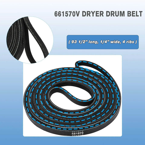 661570V dryer drum belt from Upgraded 4392067 Dryer Repair Kit With W10837240 Idler Pulley, 93.5 inches long, 1/4 inch wide.