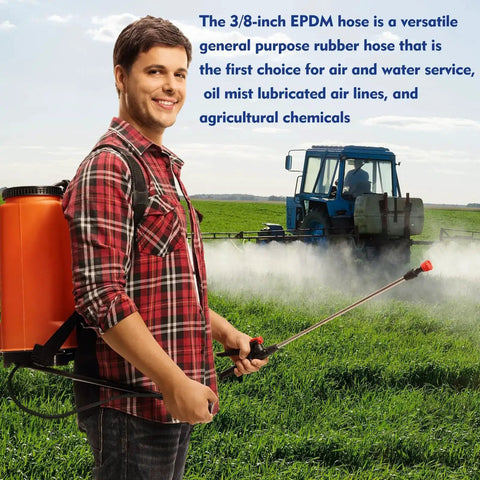 Man using Three Eighths Inch EPDM Garden Hose 100 Ft Heavy Duty Sprayer Hose 200 Psi Kink Resistant All Purpose in field
